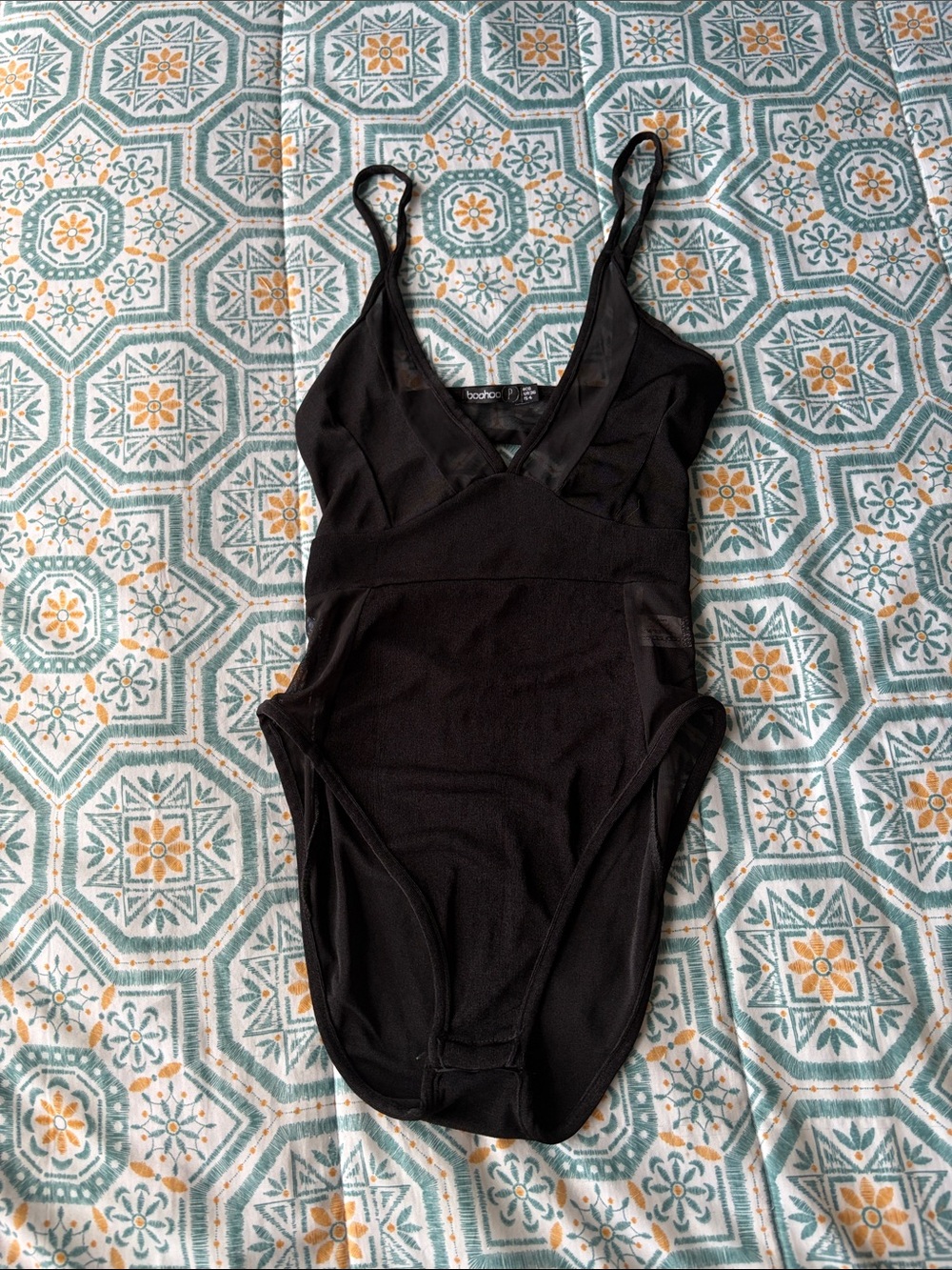 Black Mesh Trim One-Piece Bodysuit